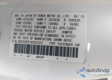 2010 Acura Tsx 2.4 z USA, uszkodzony, nr VIN JH4CU2F61AC033337